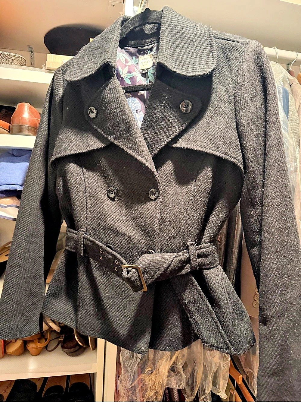 Navy Pea Coat Belted Wool Blend - Size Medium